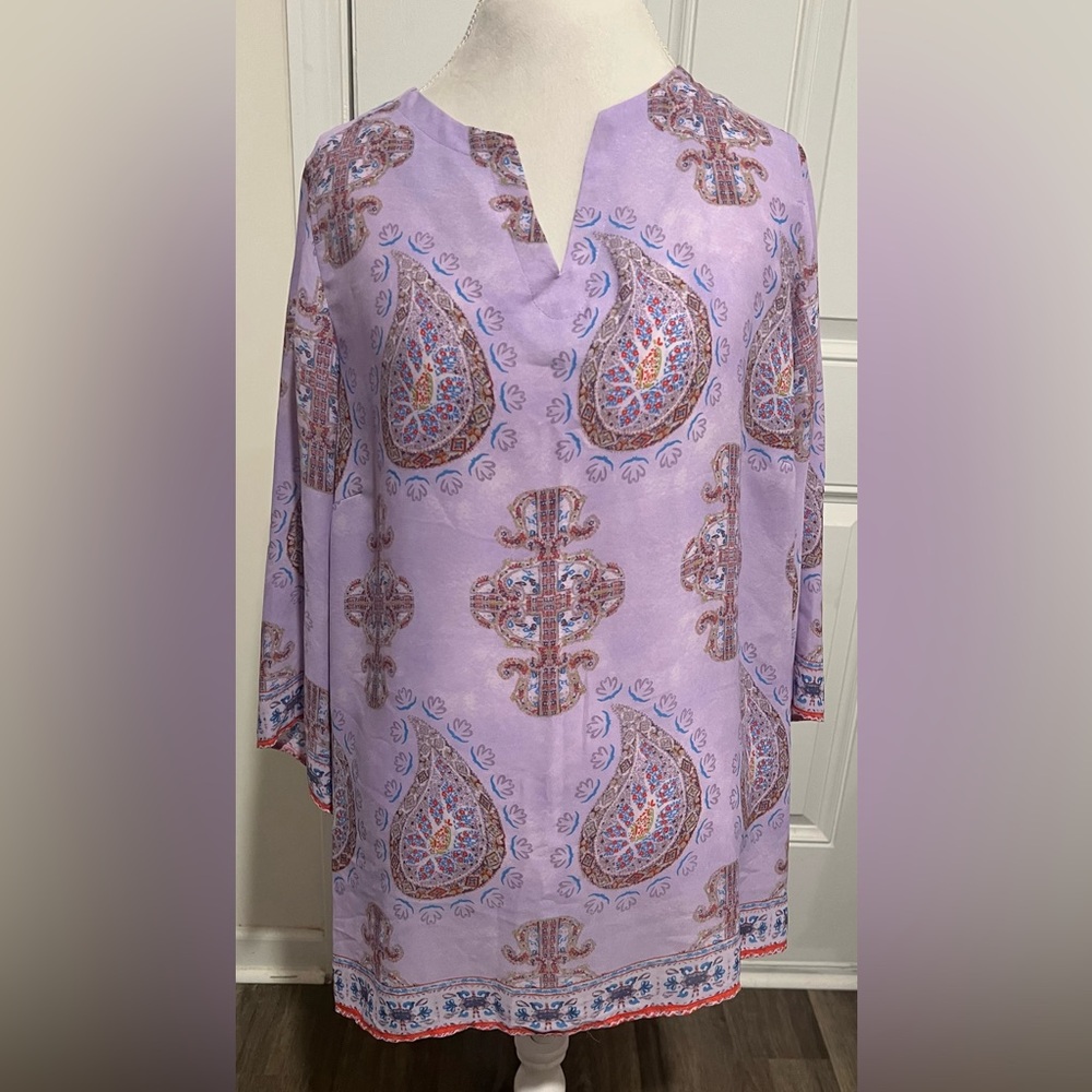 Violet & Claire 2X Top Tunic Purple Paisley Split Round Neck 3/4 Sleeve Bohemian - Picture 2 of 14